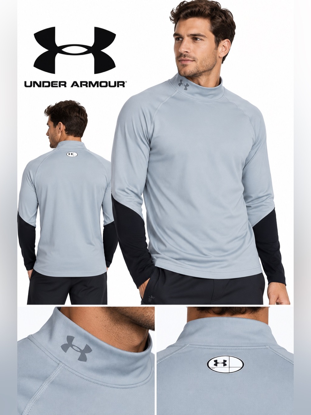Under Armour Men’s Light Gray and Black Long-Sleeve Mock Neck Performance Top